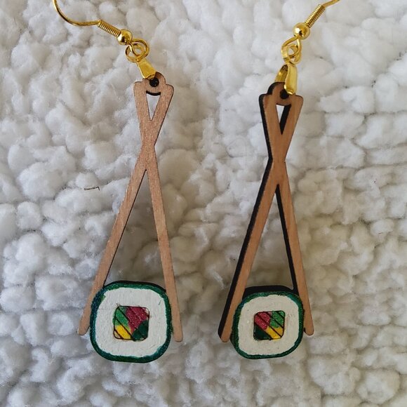 Hand-painted laser-cut wood Sushi Chop Sticks Earrings - Picture 1 of 8